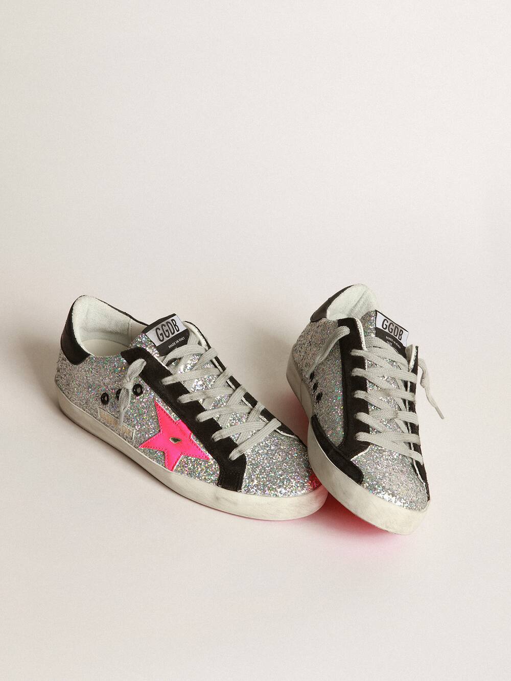 Super-Star sneakers with glitter upper and fuchsia star | Golden Goose