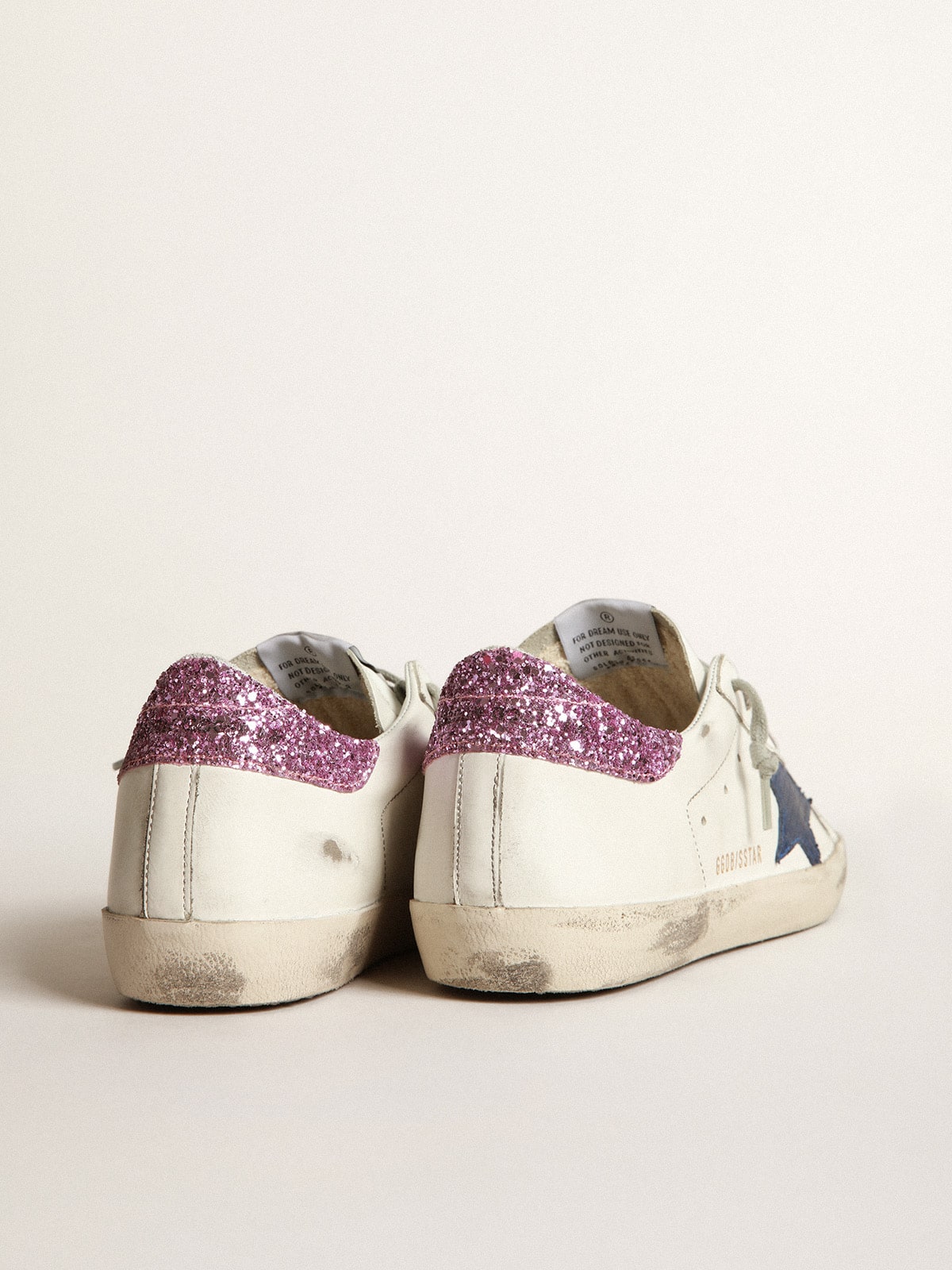 Golden Goose - White Super-Star sneakers with blue star and glittery heel tab in 