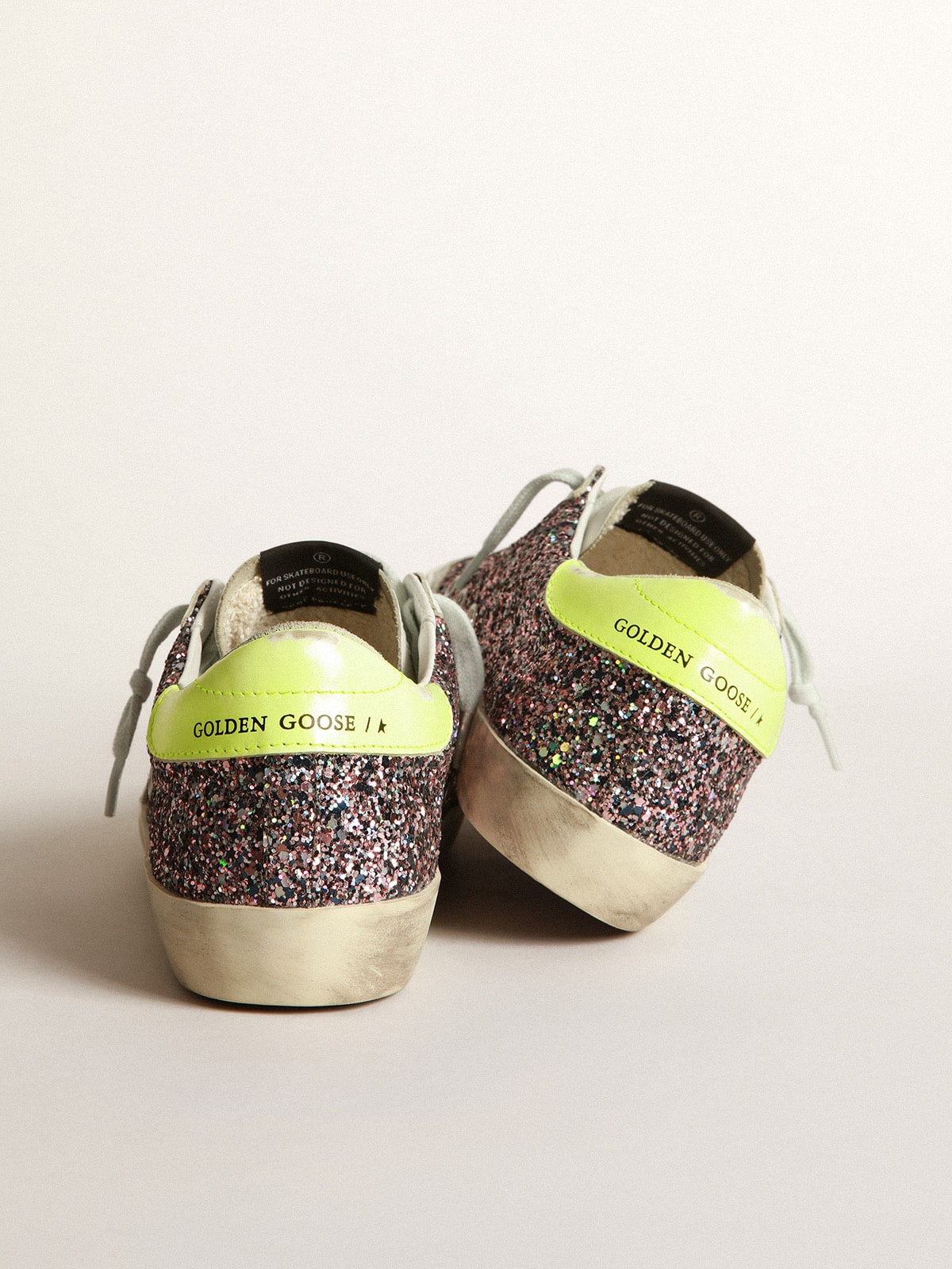 Super-Star sneakers in gray and pink glitter with ice-gray suede star and  fluorescent yellow leather heel tab