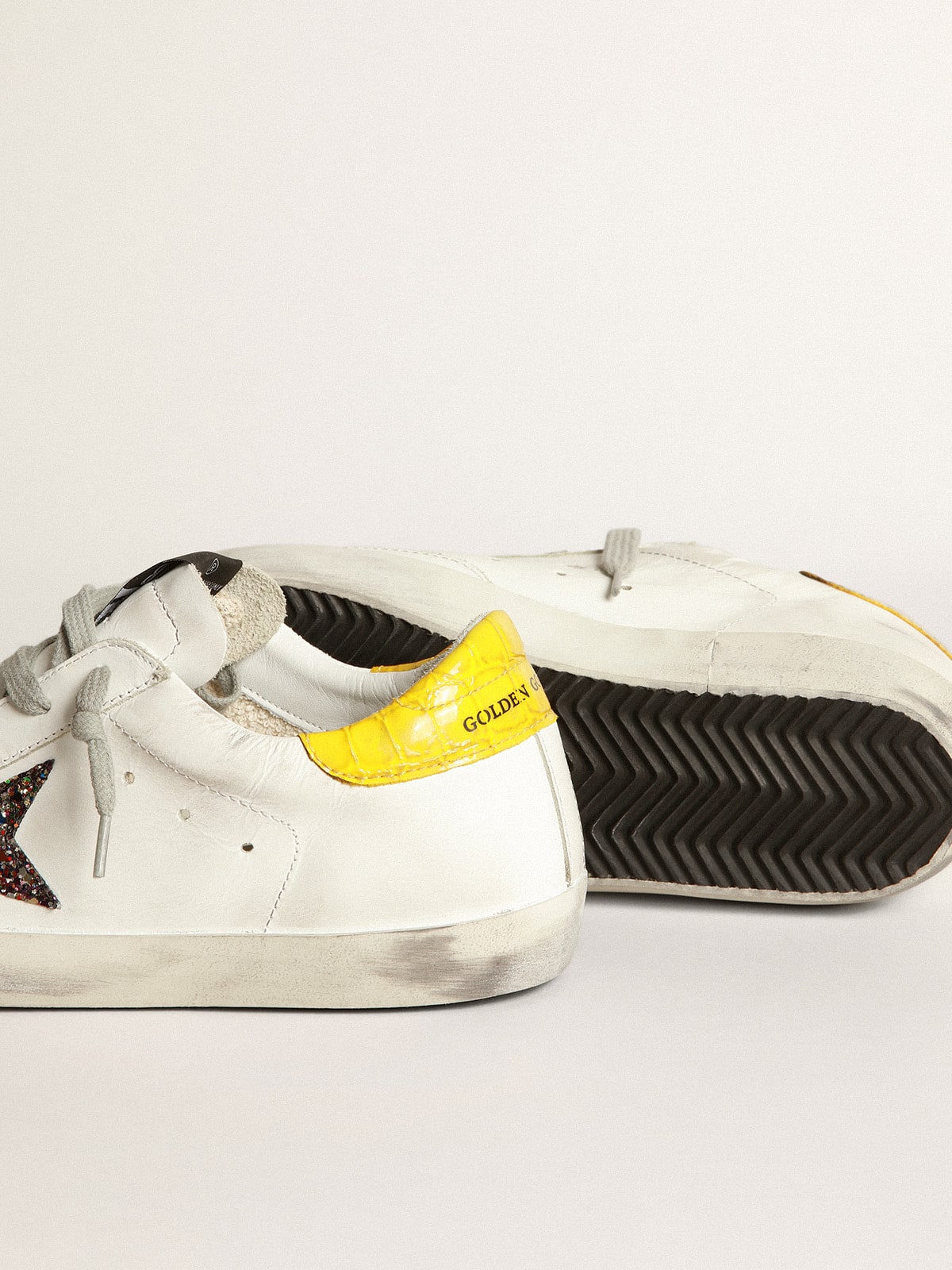 Golden Goose - Super-Star LTD sneakers with multicolored glitter star and yellow crocodile-print leather heel tab in 