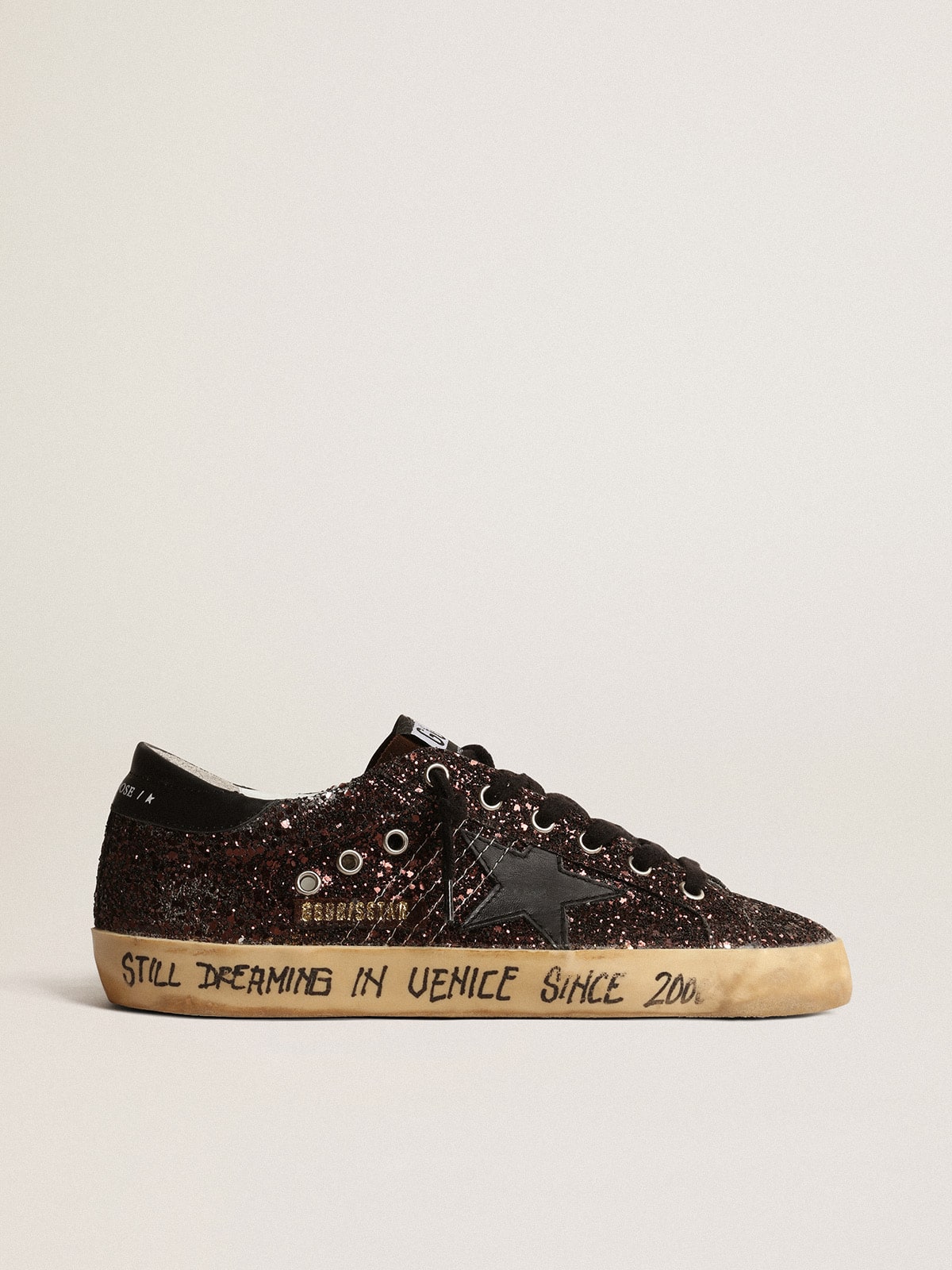 Super Star in brown glitter with black leather star and heel tab Golden Goose