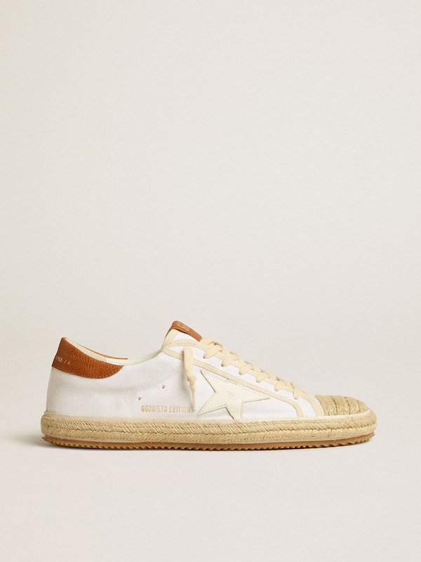 Golden Goose - Women’s Super-Star LTD in canvas with white leather star and raffia toe in 