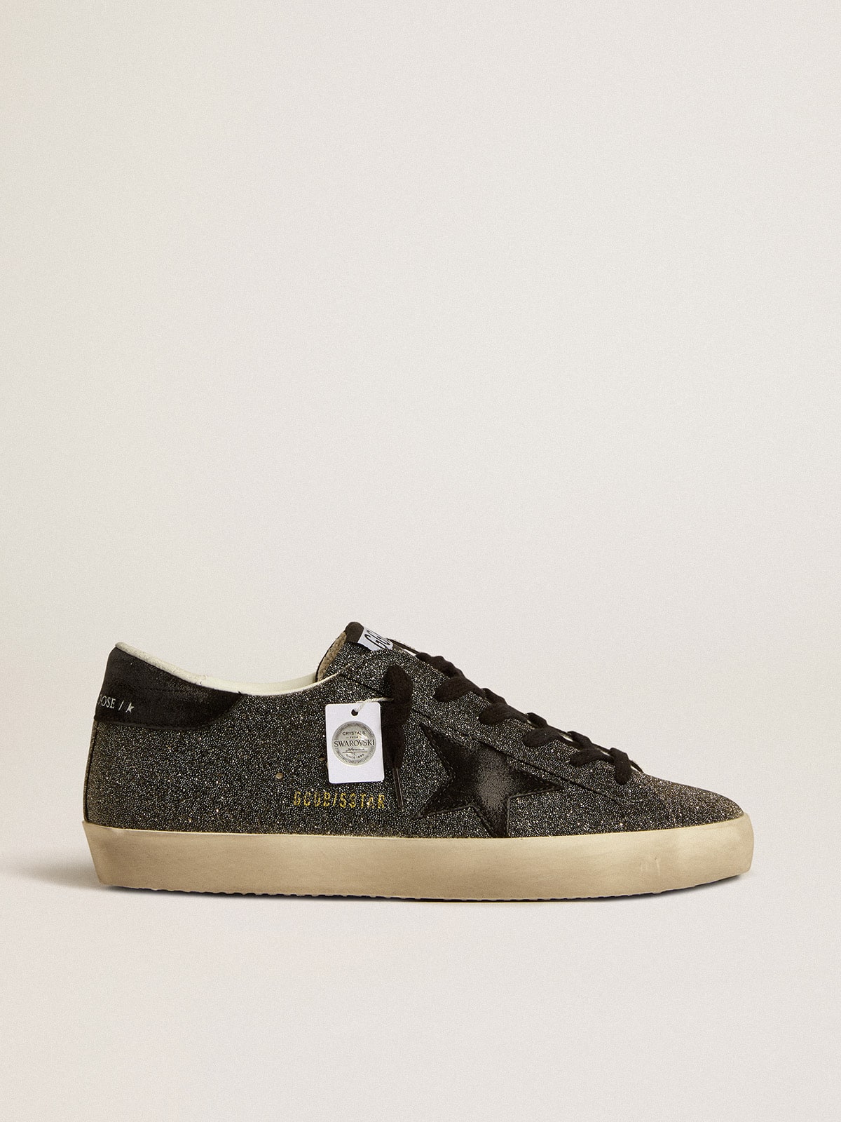 Women s Super Star in black Swarovski crystals with black suede star Golden Goose