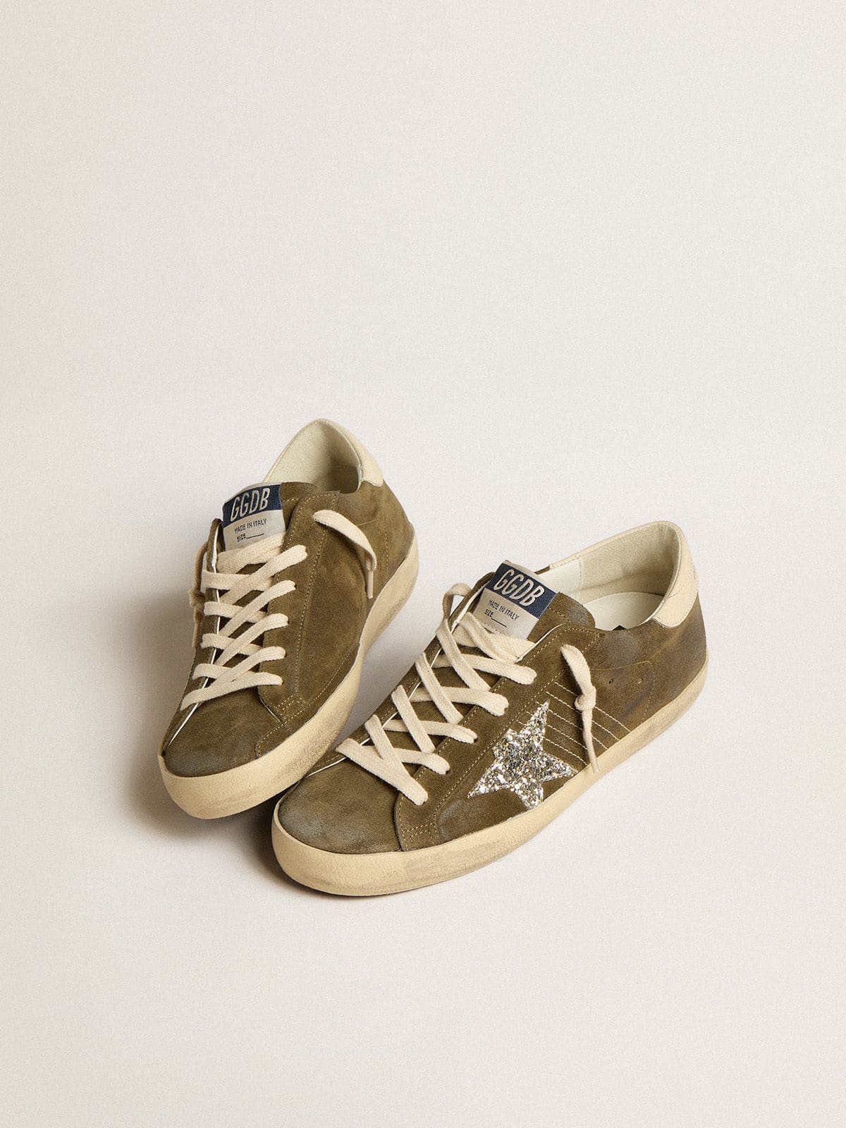 Golden Goose - Women’s Super-Star in green suede with glitter star and cream heel tab in 