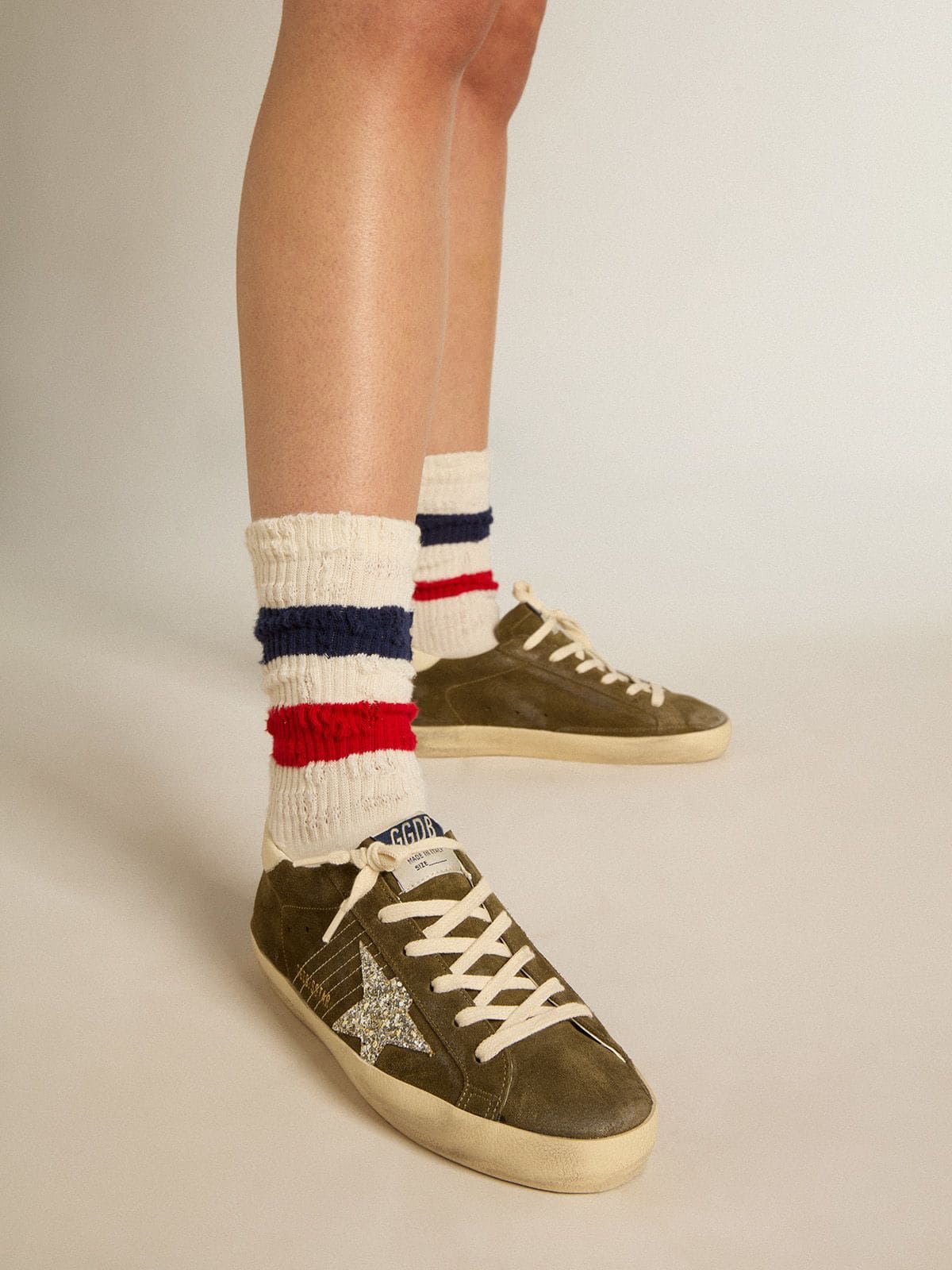 Golden Goose - Women’s Super-Star in green suede with glitter star and cream heel tab in 