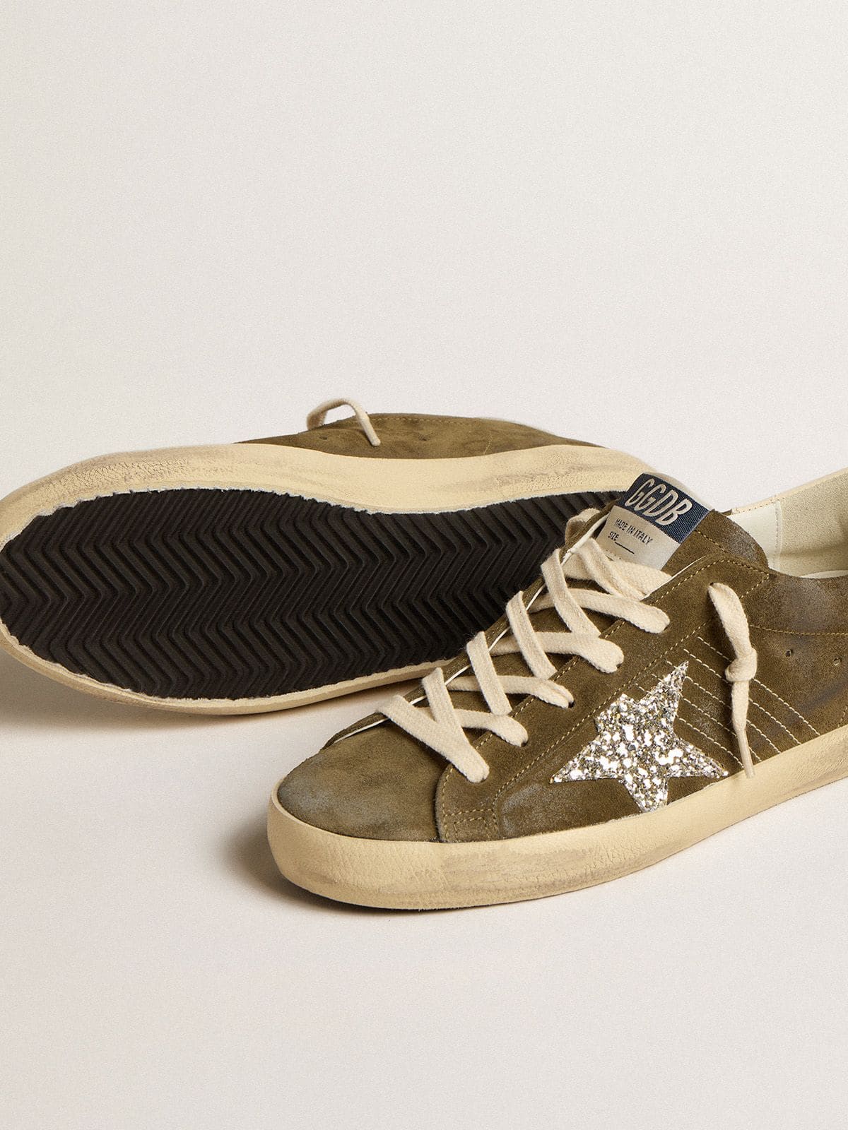 Golden Goose - Women’s Super-Star in green suede with glitter star and cream heel tab in 