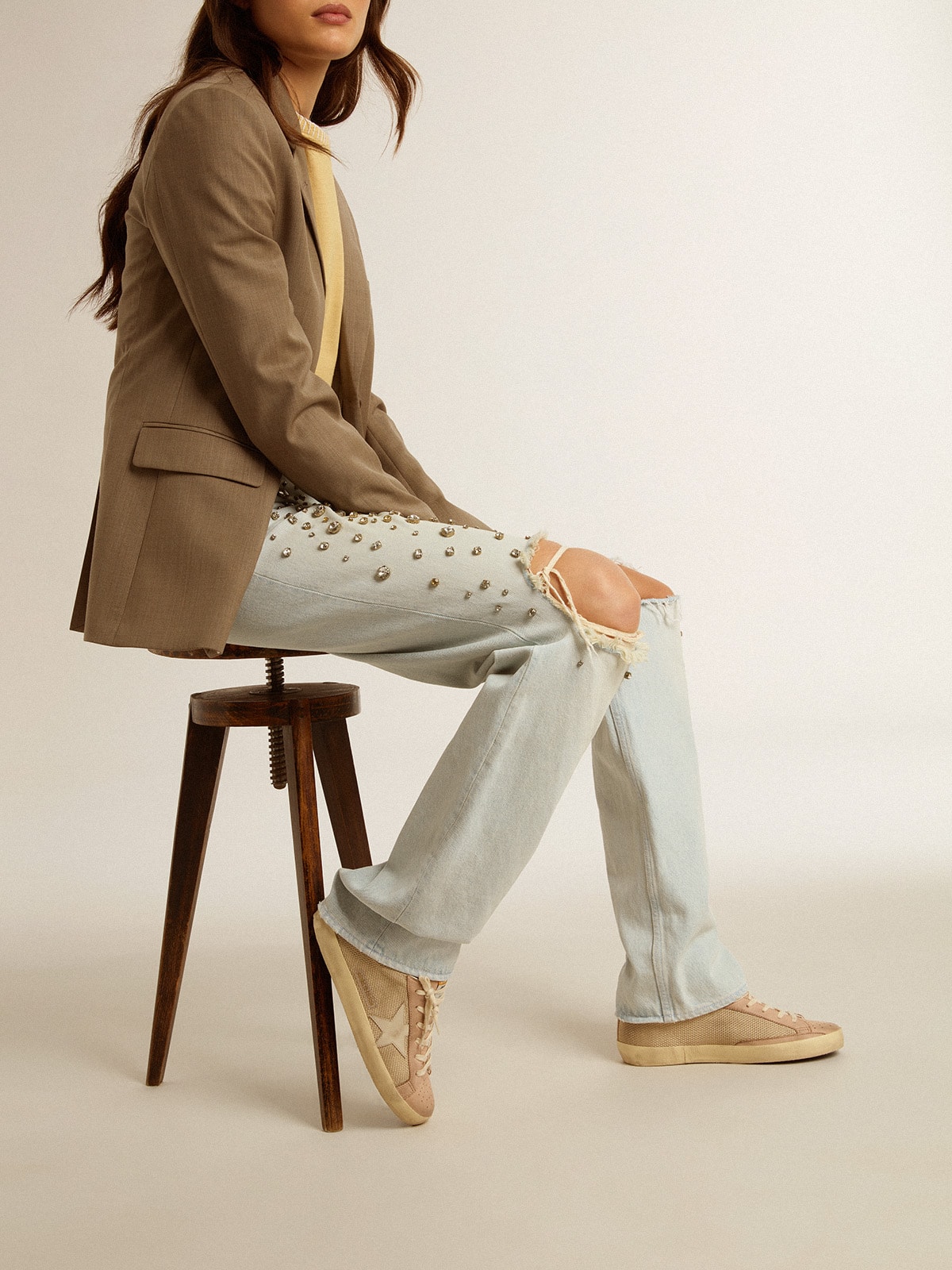 Golden Goose - Super-Star LTD in white mesh and pink nubuck with Swarovski crystals heel tab in 