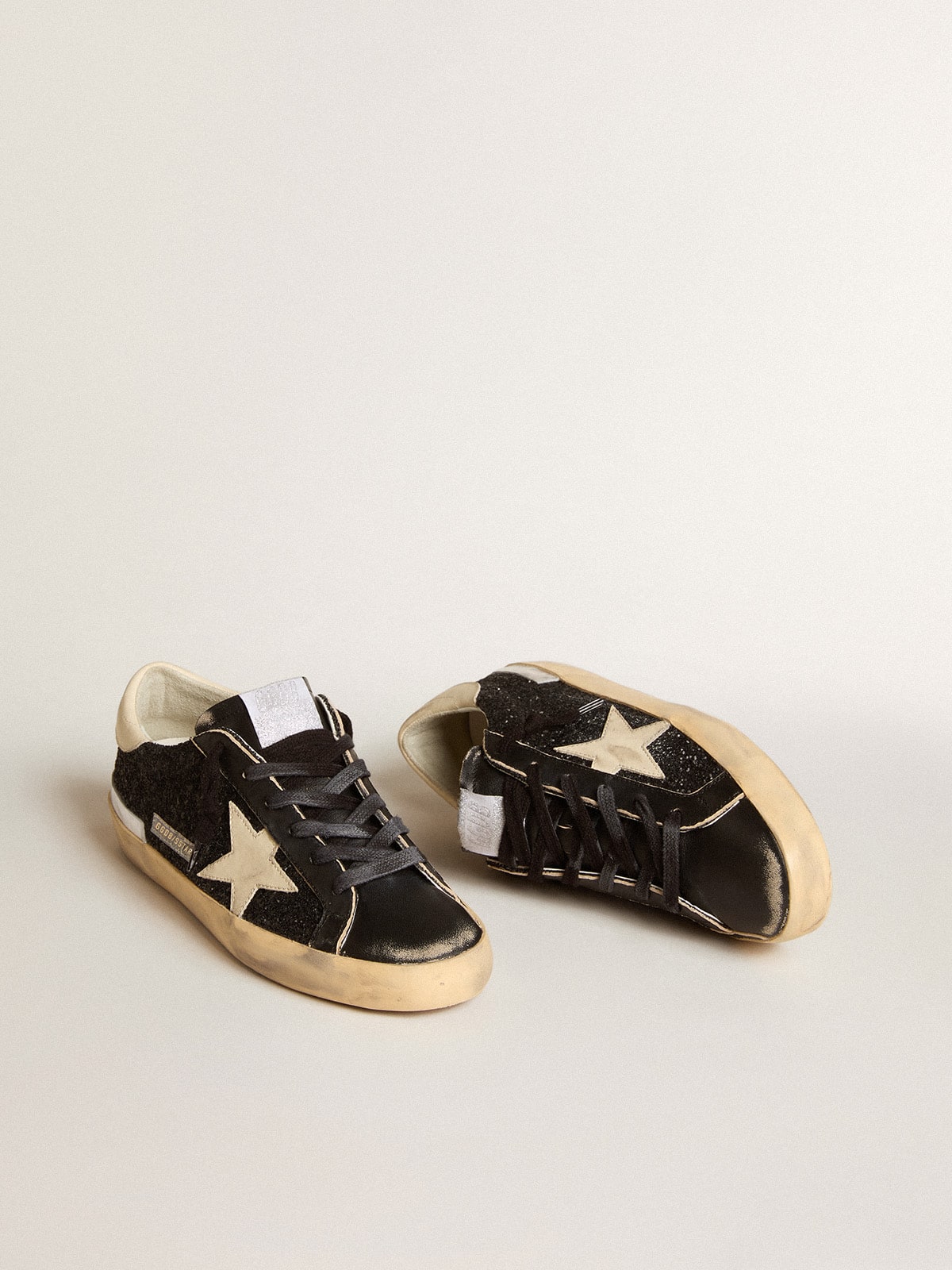 Golden Goose - Super-Star in black glitter and nappa with cream leather star and heel tab in 