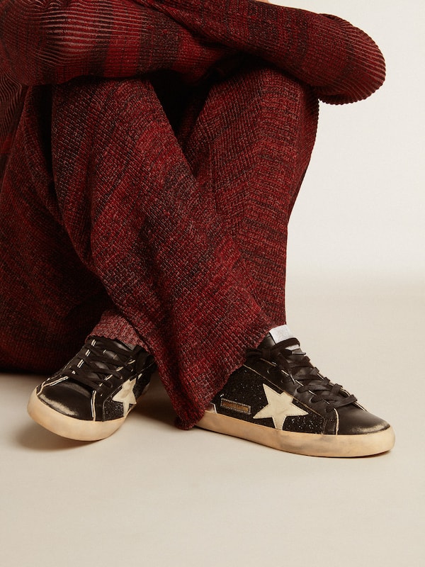 Golden Goose - Women's Super-Star in black glitter and nappa with cream leather star and heel tab in 