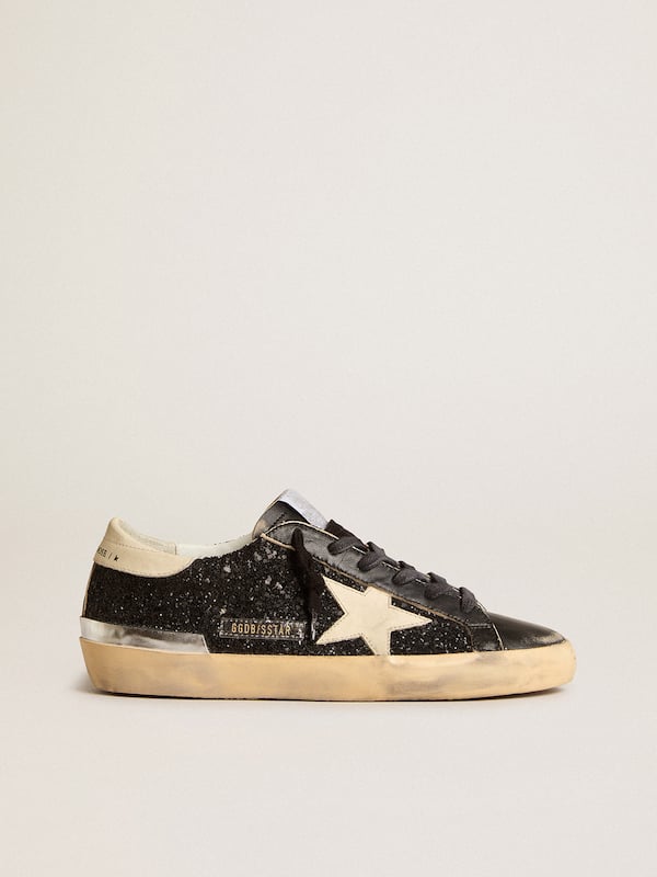 Golden Goose - Women's Super-Star in black glitter and nappa with cream leather star and heel tab in 