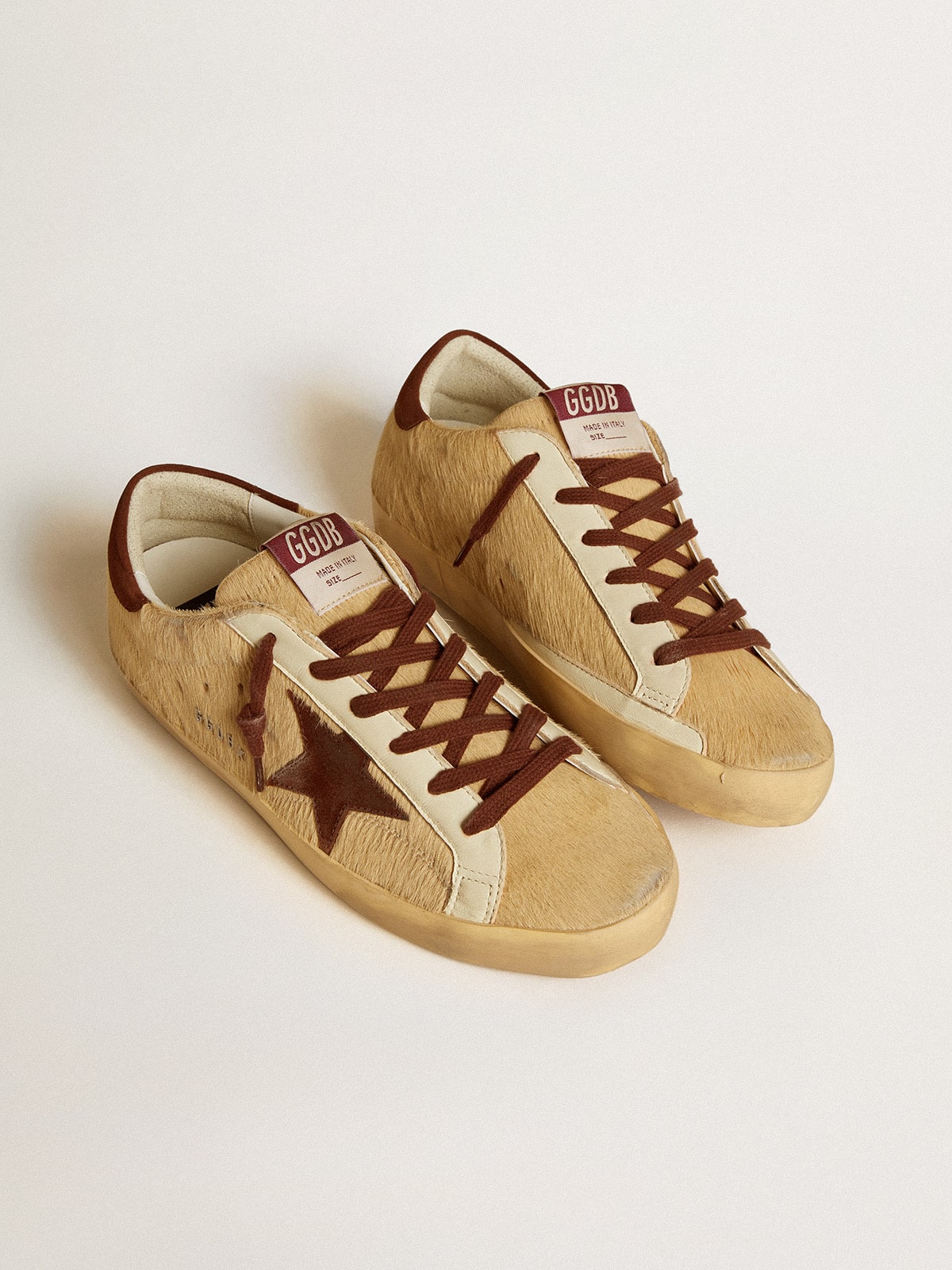 Golden Goose - Women’s Super-Star in beige pony skin with brown suede star and heel tab in 