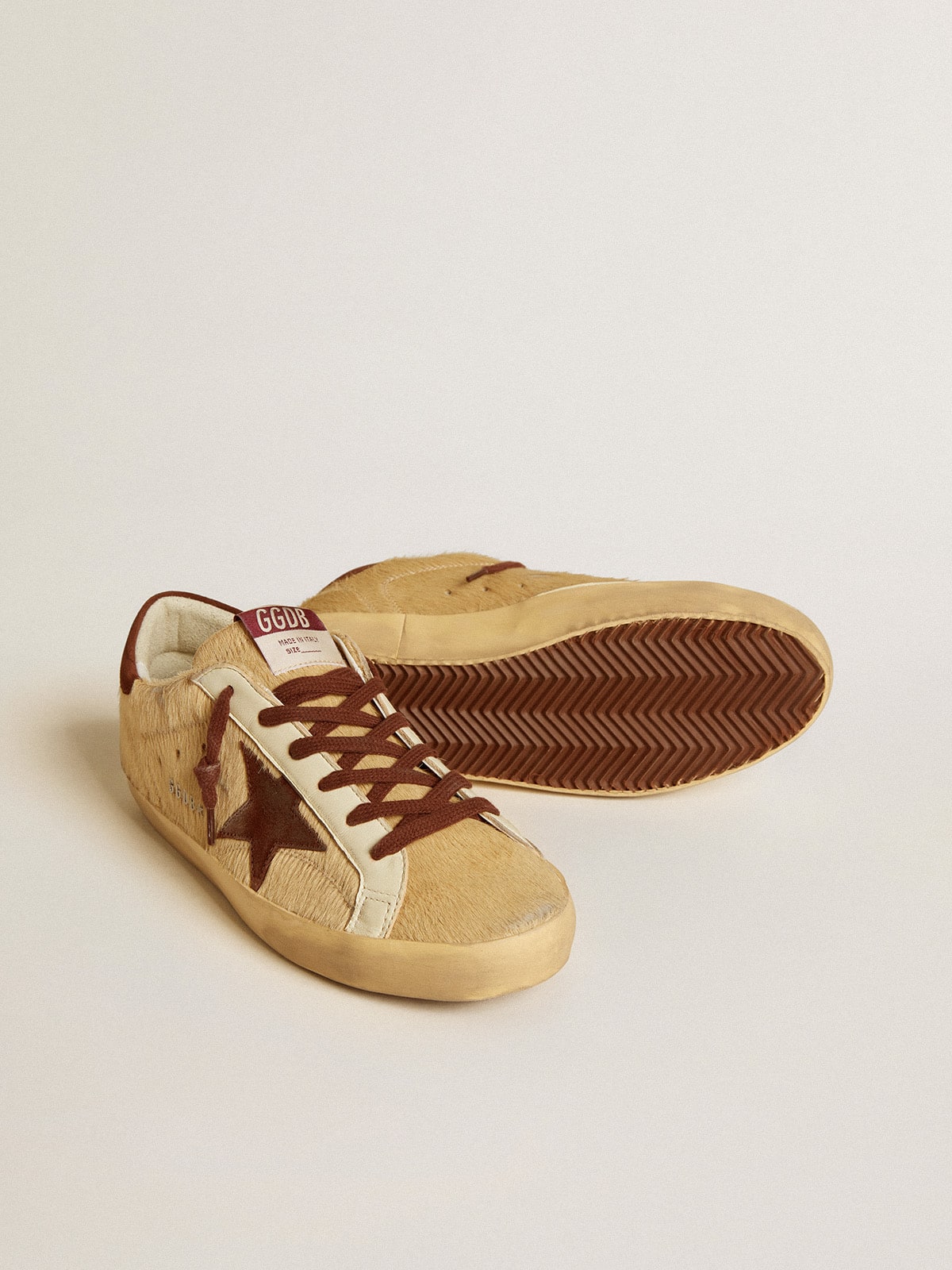 Golden Goose - Women’s Super-Star in beige pony skin with brown suede star and heel tab in 