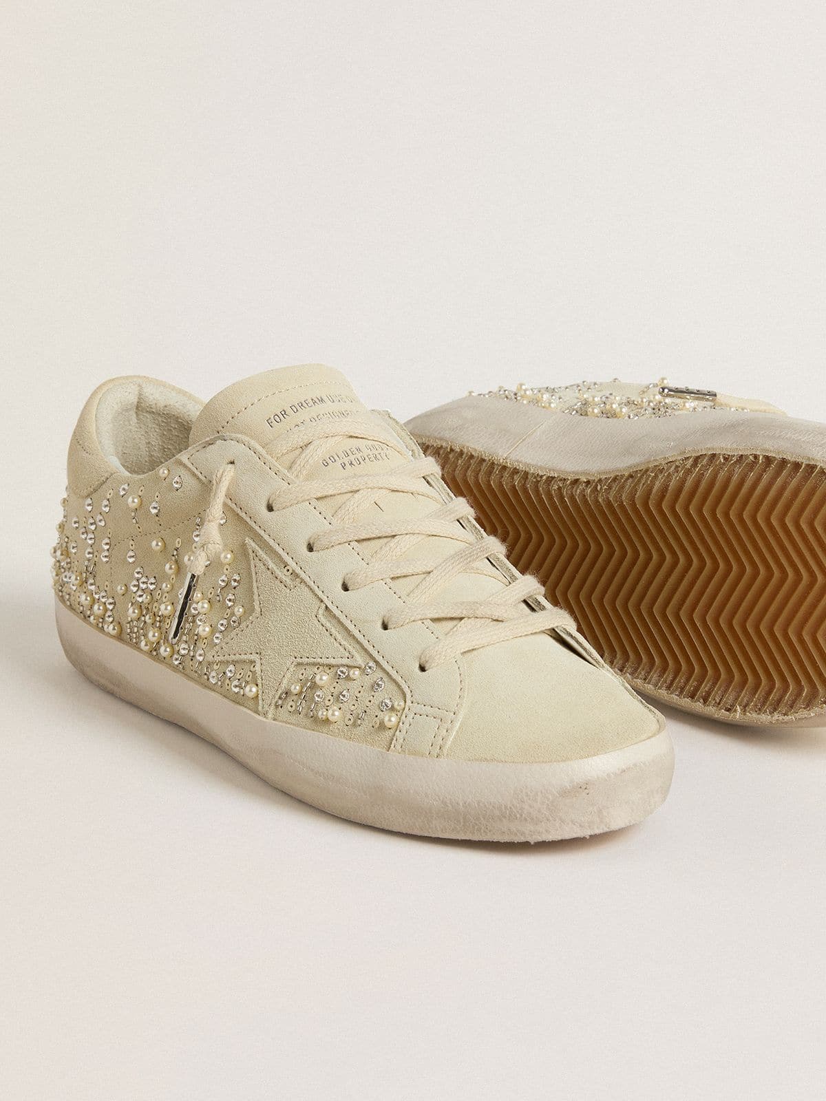 Golden Goose - Women’s Super-Star in beige suede with pearls and Swarovski crystals in 