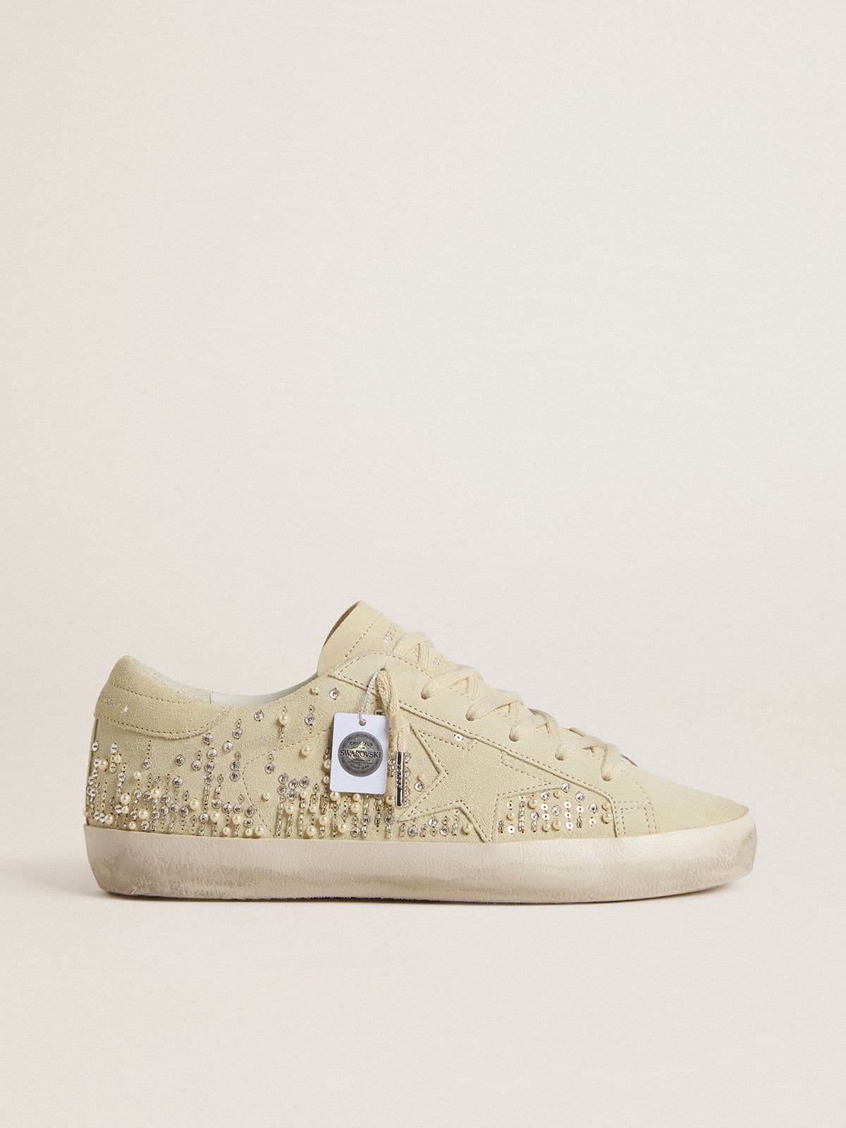 Golden Goose - Women’s Super-Star in beige suede with pearls and Swarovski crystals in 