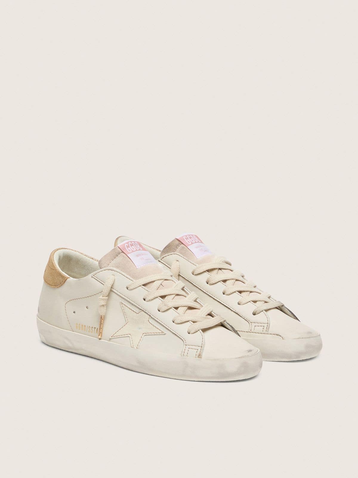 Super-Star pour femme en cuir blanc vieilli avec &eacute;toile ton sur ton