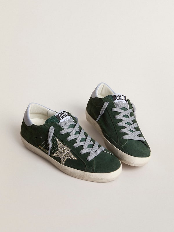 Golden Goose - Women's Super-Star in green suede, silver glitter star and leather heel tab in 