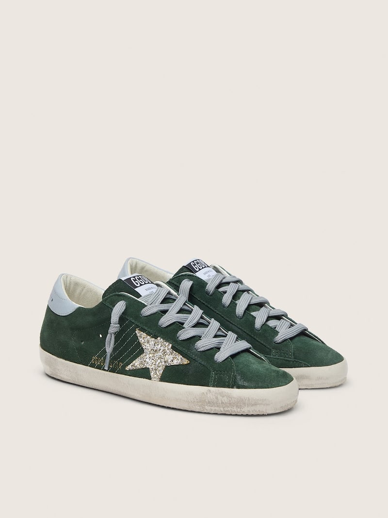 Golden Goose - Women's Super-Star in green suede, silver glitter star and leather heel tab in 
