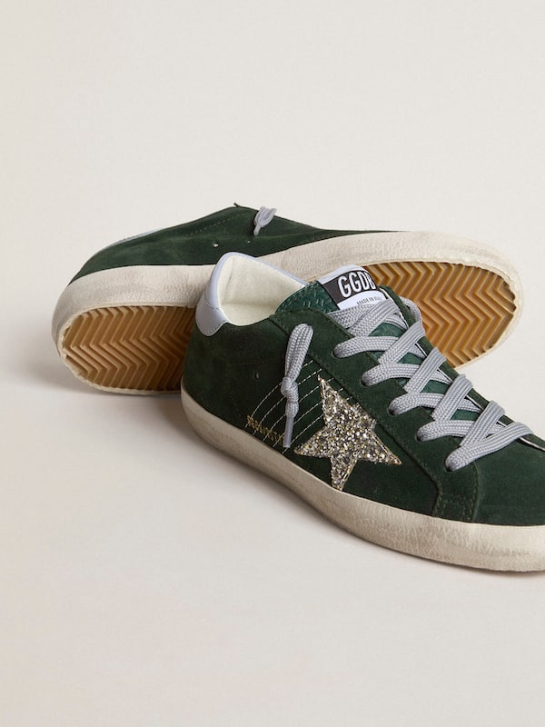 Golden Goose - Women's Super-Star in green suede, silver glitter star and leather heel tab in 