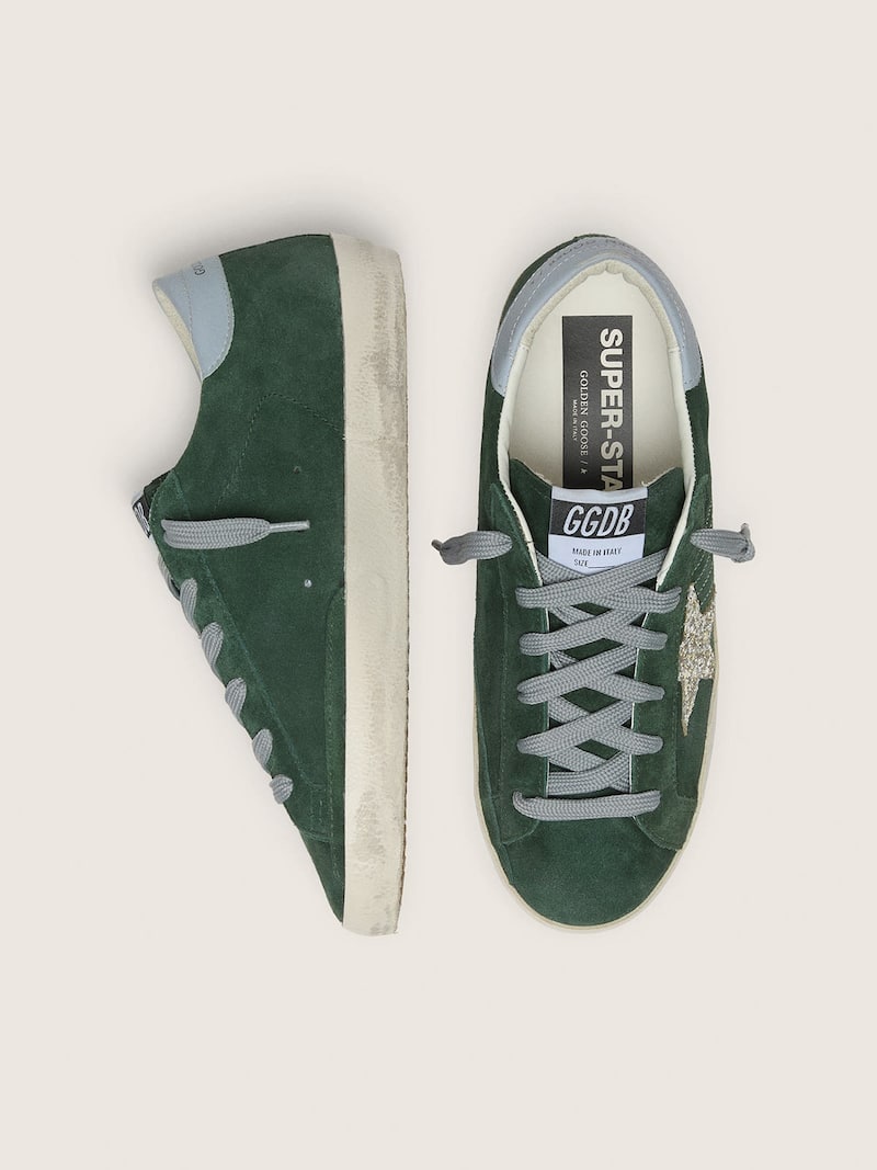 Golden Goose - Women's Super-Star in green suede, silver glitter star and leather heel tab in 