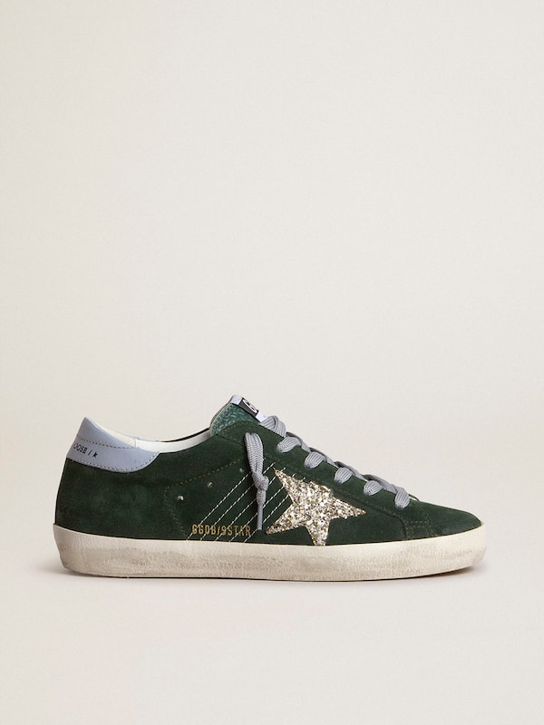 Golden Goose - Women's Super-Star in green suede, silver glitter star and leather heel tab in 