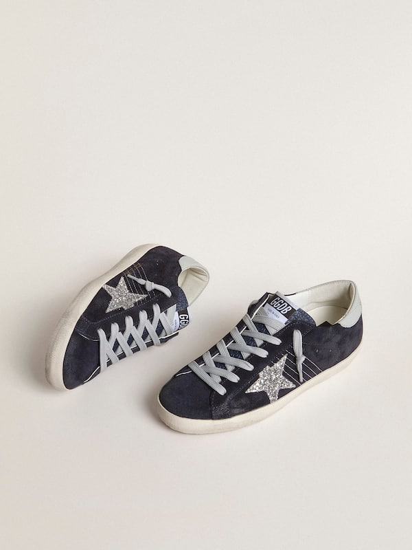 Golden Goose - Women’s Super-Star in blue suede, silver glitter star and leather heel tab in 