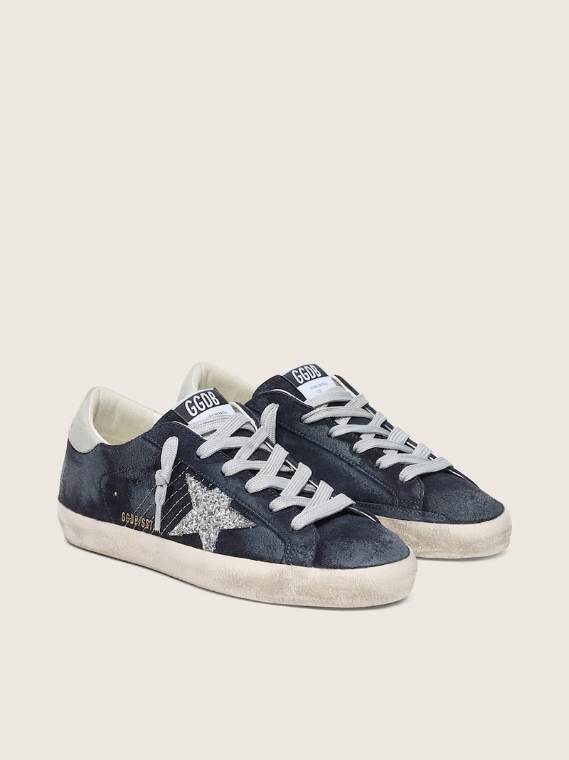 Golden Goose - Super-Star de Mujer de ante azul estrella plateada y refuerzo del tal&oacute;n de piel in 