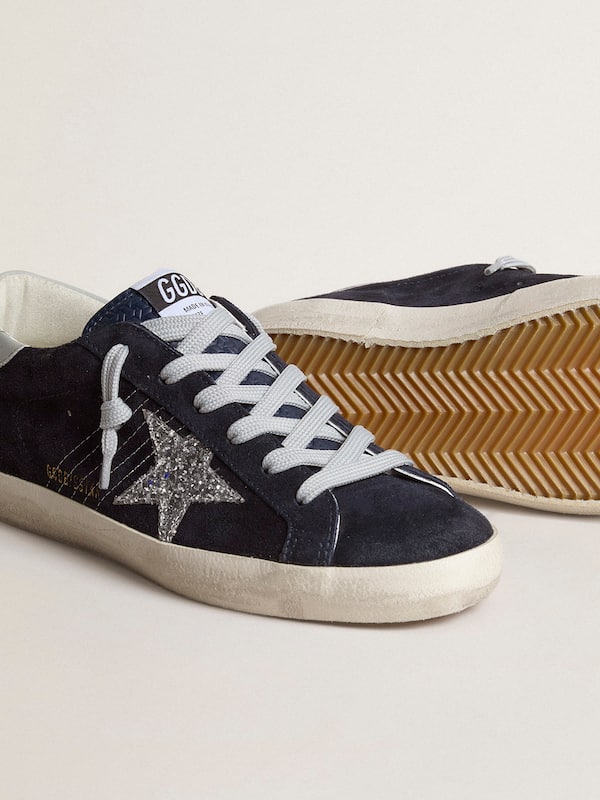 Golden Goose - Women’s Super-Star in blue suede, silver glitter star and leather heel tab in 