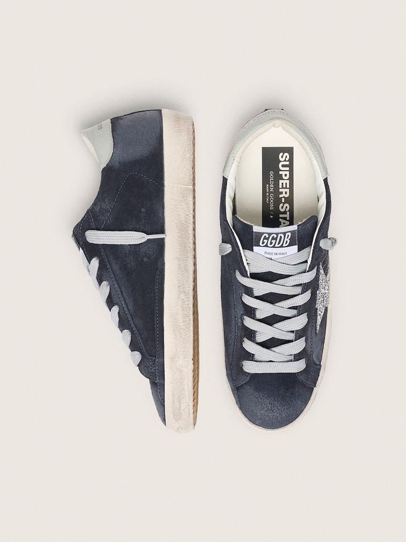 Golden Goose - Super-Star de Mujer de ante azul estrella plateada y refuerzo del tal&oacute;n de piel in 