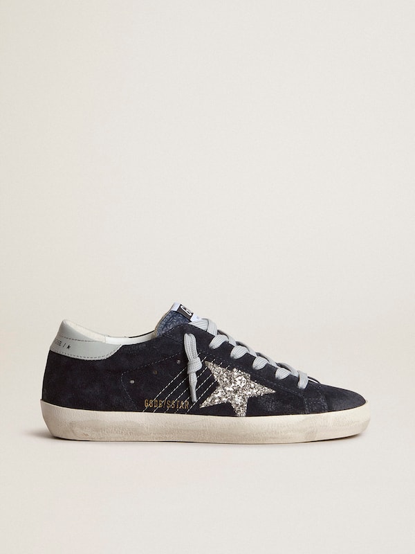 Golden Goose - Women’s Super-Star in blue suede, silver glitter star and leather heel tab in 