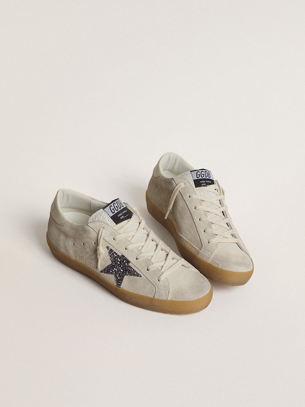 Golden Goose - Women's Super-Star in ice-gray suede with silver glitter star and leather heel tab in 