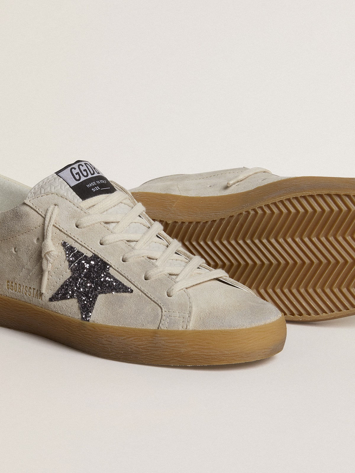 Golden Goose - Super-Star in ice-gray suede with silver glitter star and leather heel tab in 