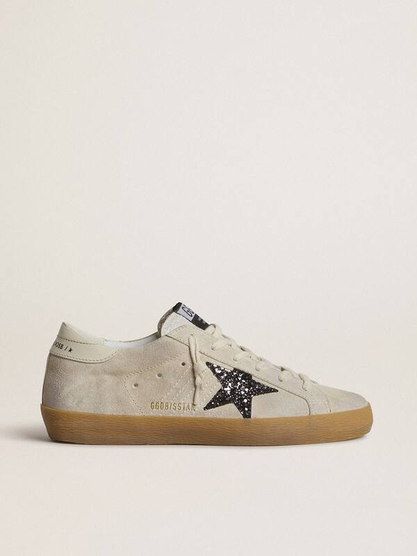 Golden Goose - Women's Super-Star in ice-gray suede with silver glitter star and leather heel tab in 