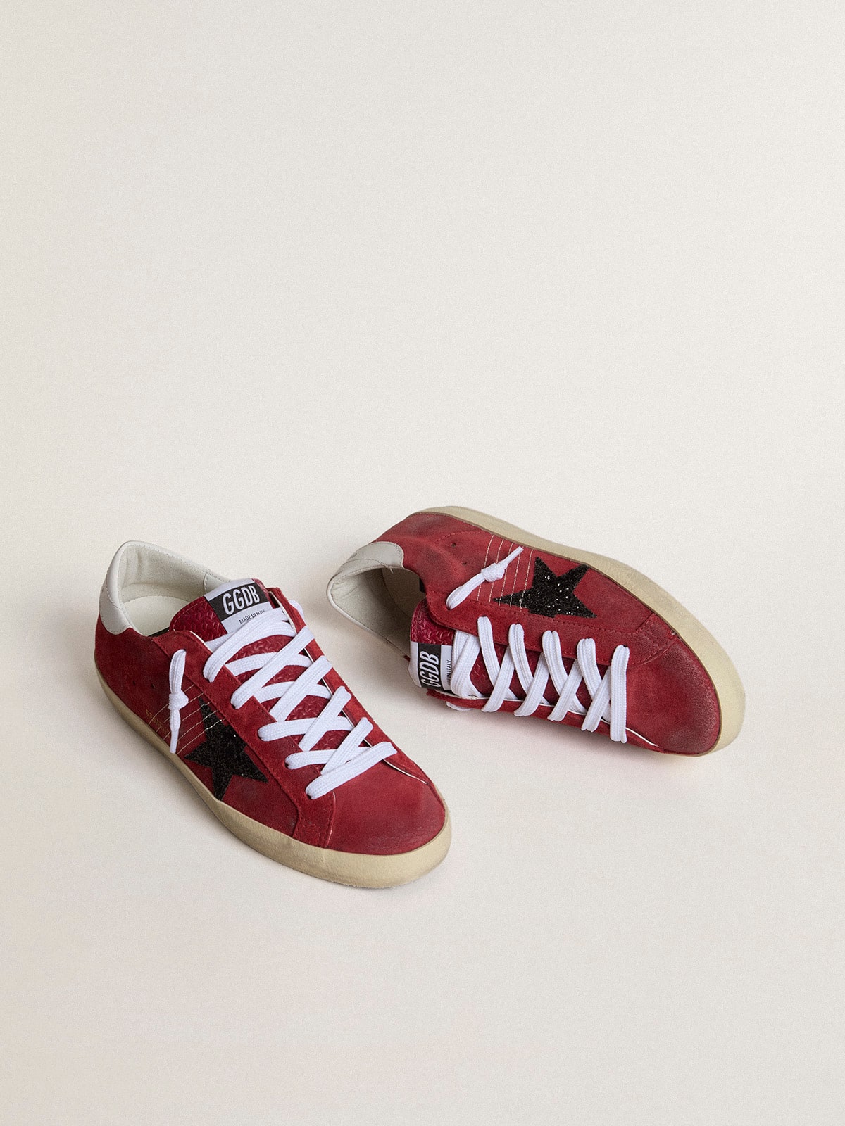 Golden Goose - Women’s Super-Star in red suede with glitter star and white heel tab in 