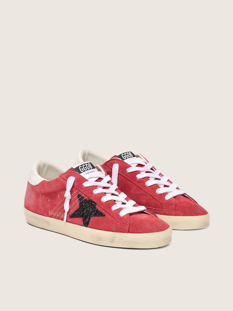 Golden Goose - Women&rsquo;s Super-Star in red suede with glitter star and white heel tab in 