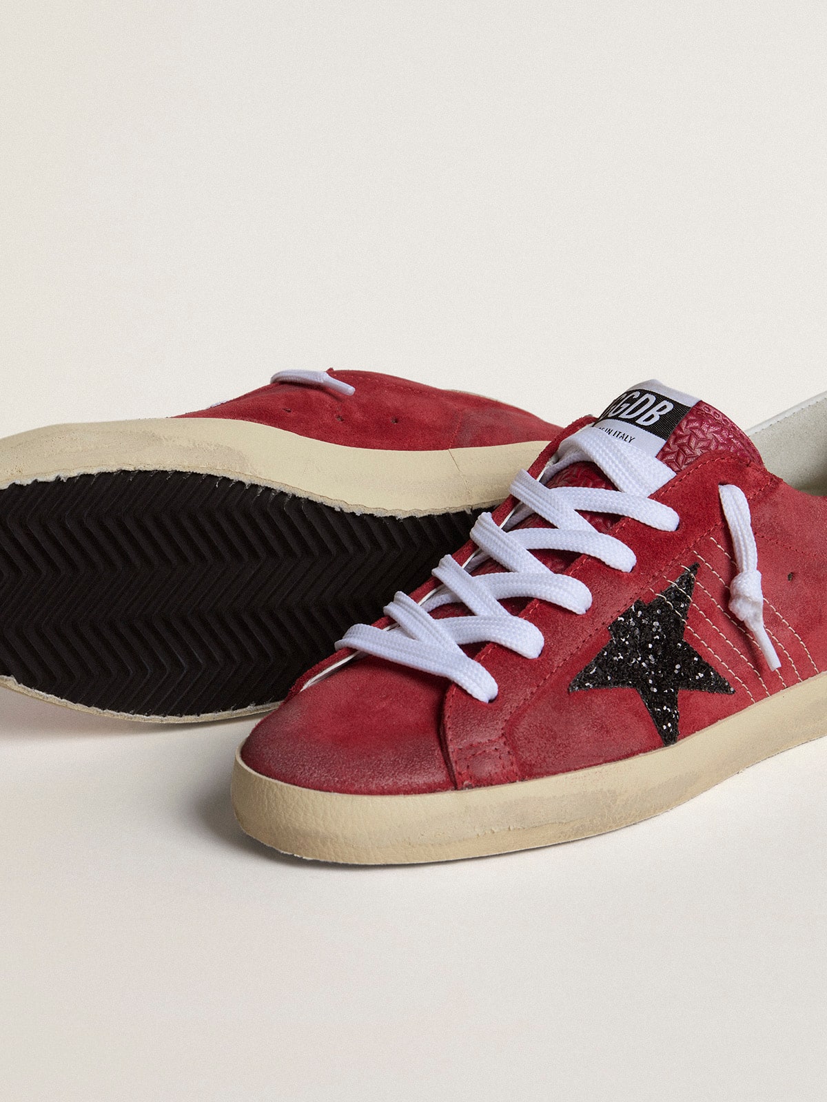 Golden Goose - Women’s Super-Star in red suede with glitter star and white heel tab in 