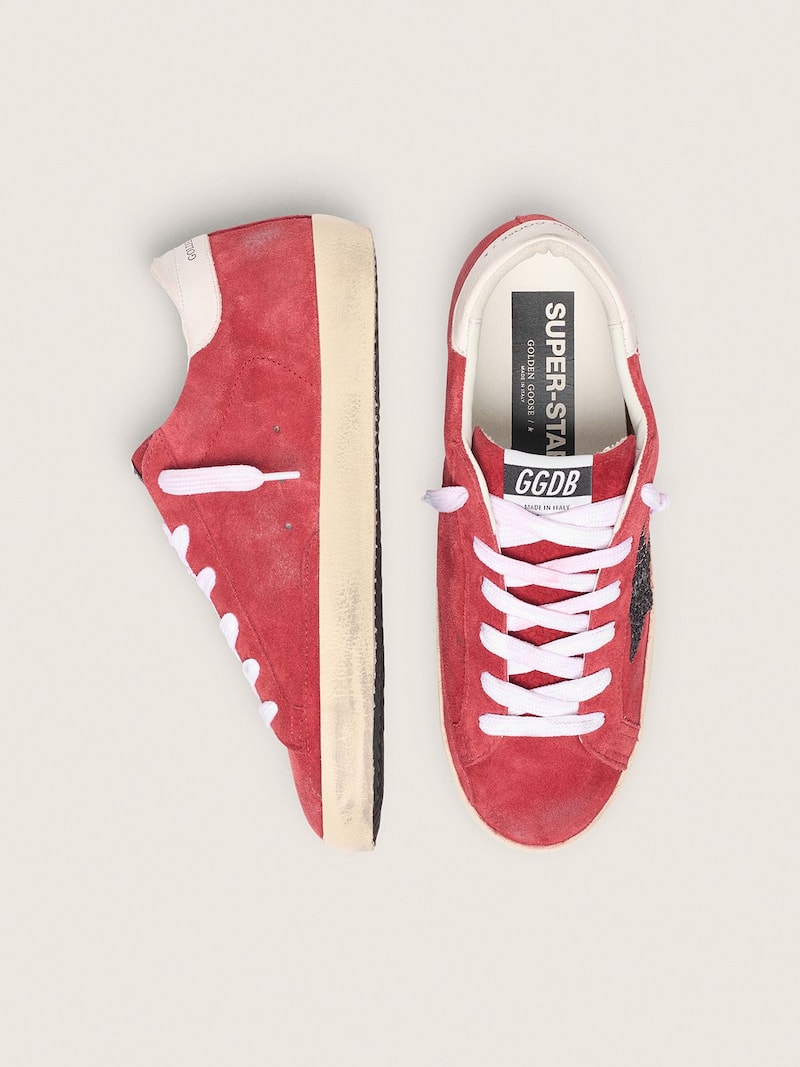 Golden Goose - Women&rsquo;s Super-Star in red suede with glitter star and white heel tab in 