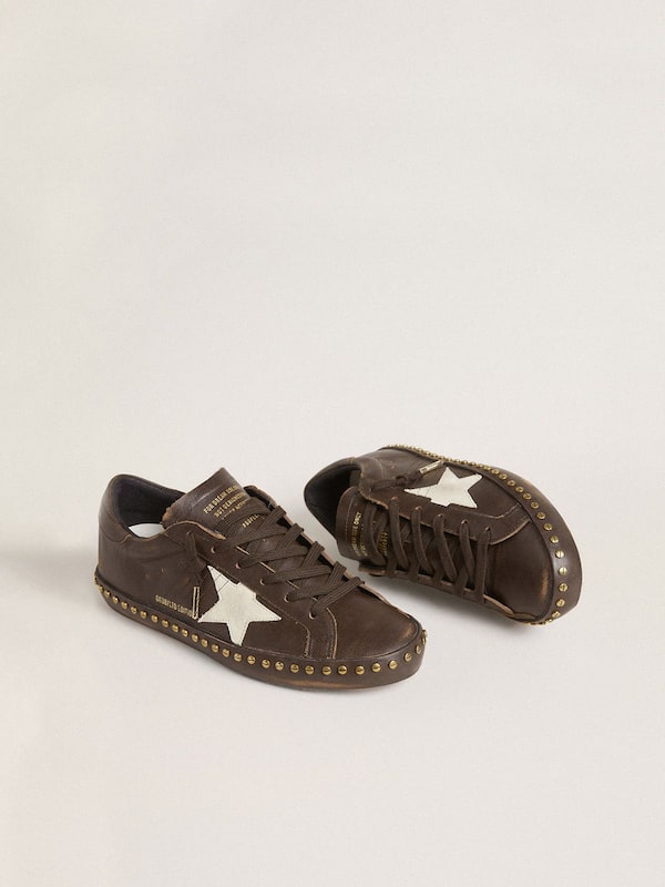 Golden Goose - Women’s Super-Star in dark brown leather with cream suede star and studs in 