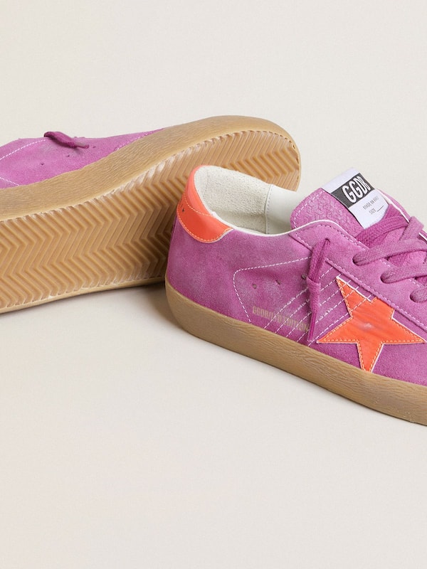 Golden Goose - Women's Super-Star in fuchsia suede with fluorescent orange laminated leather star and heel tab in 