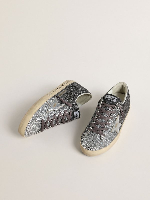 Women's Super Star with glitter upper and silver metallic leather star