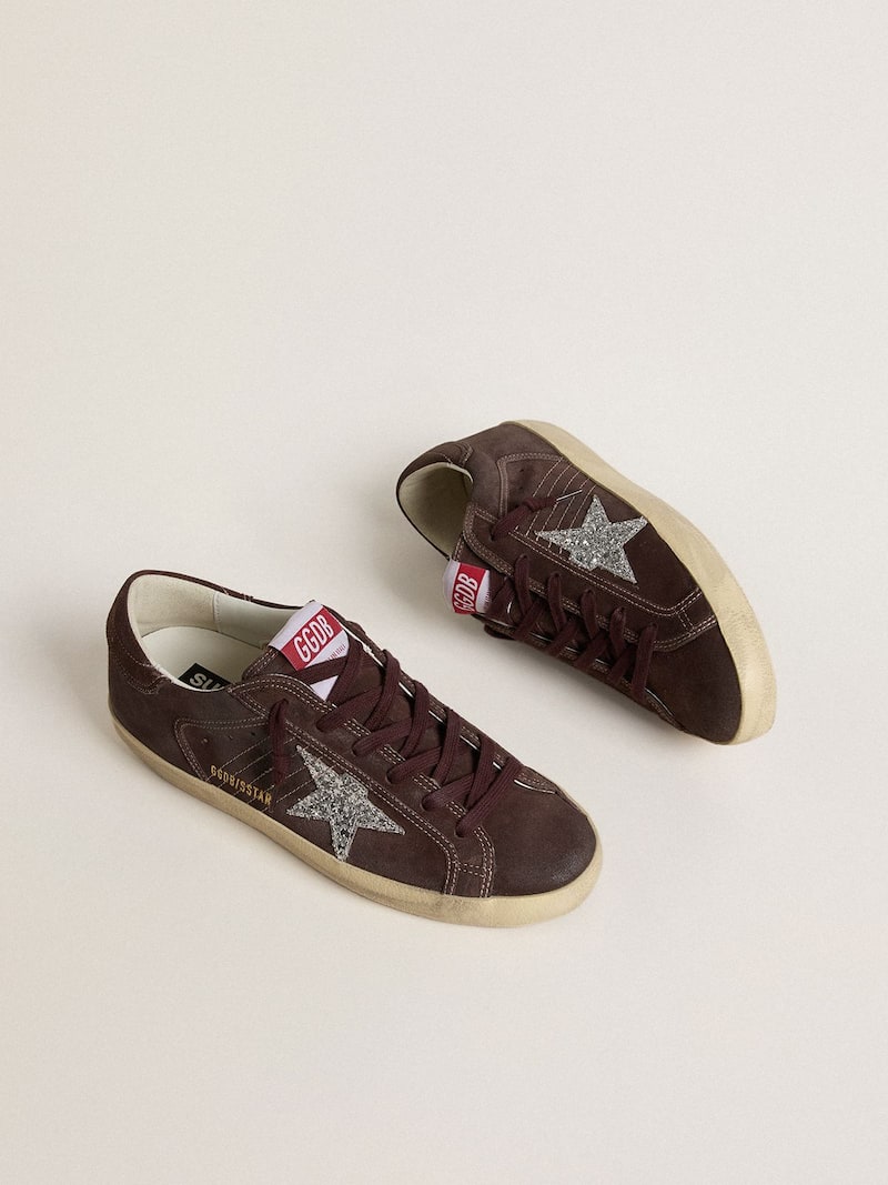 Golden Goose - Women's Super-Star in brown suede with silver glitter star in 