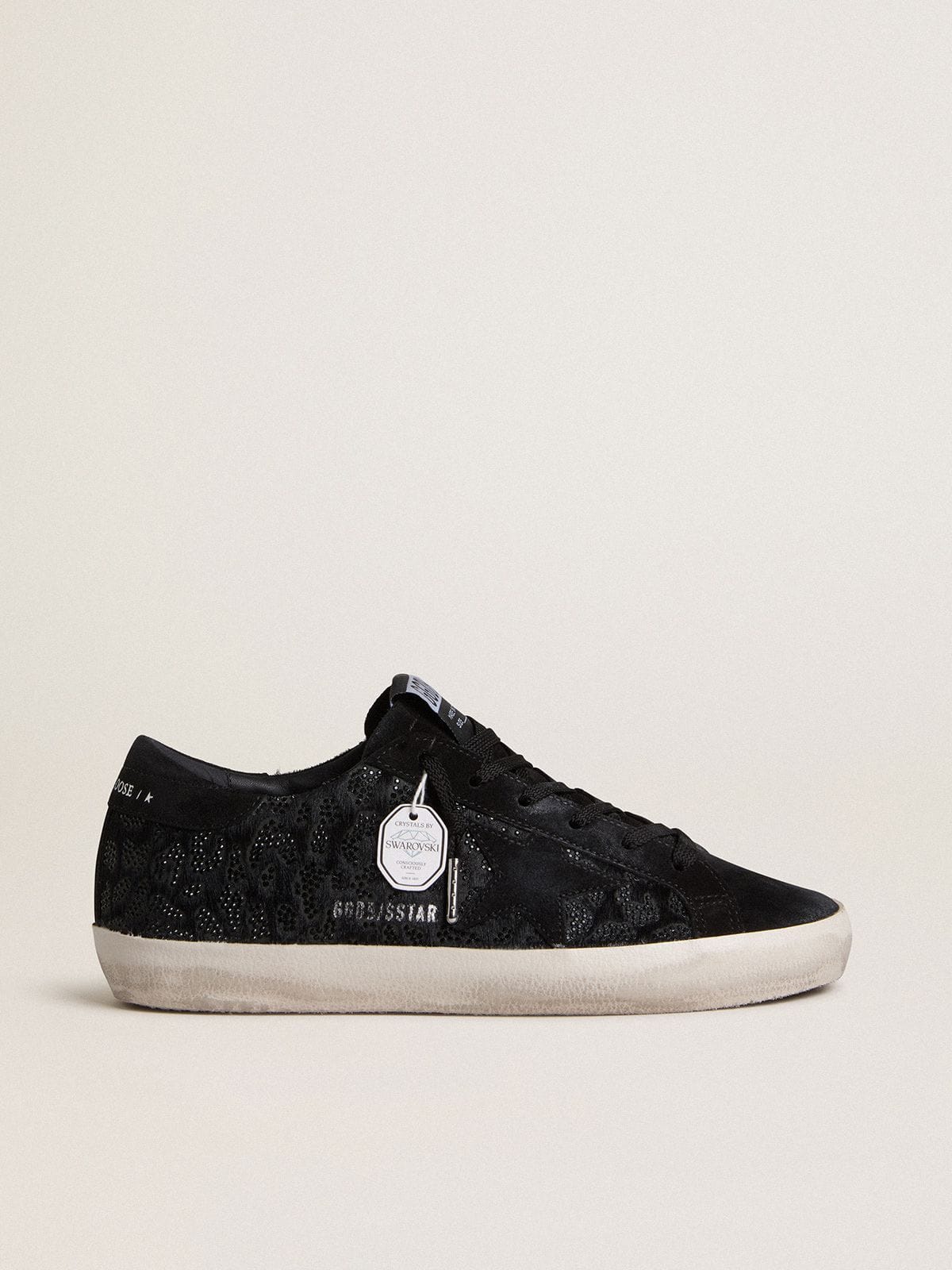 Golden Goose - 여성 블랙 스와로브스키 크리스털 & 블랙 스웨이드 스타 블랙 포니스킨 슈퍼스타 in 
