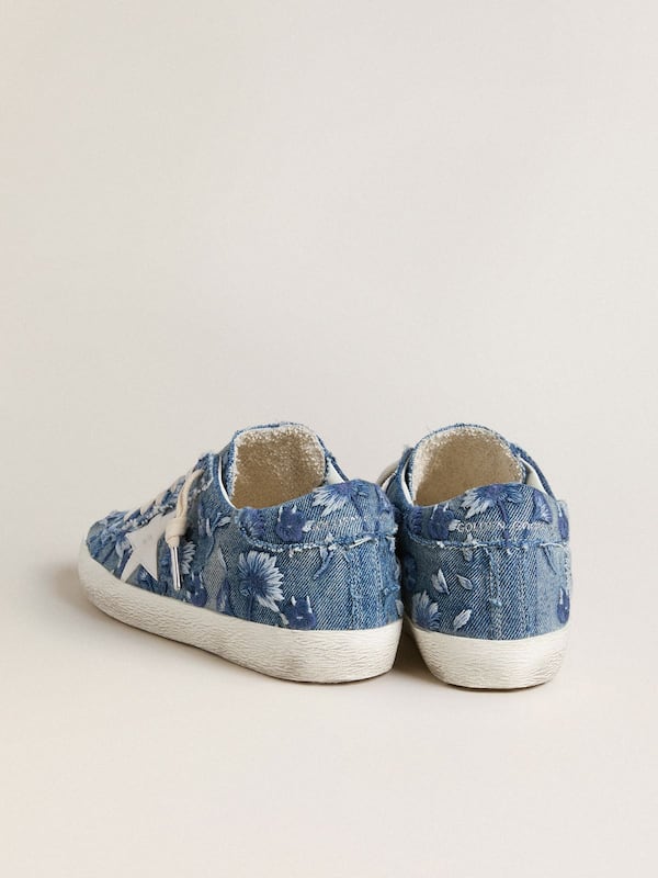 Golden Goose - Women's Super-Star LTD in light blue denim with a white leather star and embroidered flowers in 