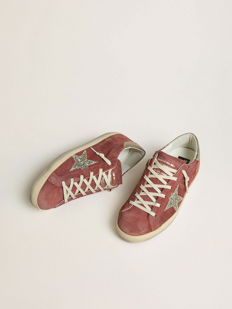 Golden Goose - Women's Super-Star LTD in red suede with silver glitter star and laminated leather heel tab in 