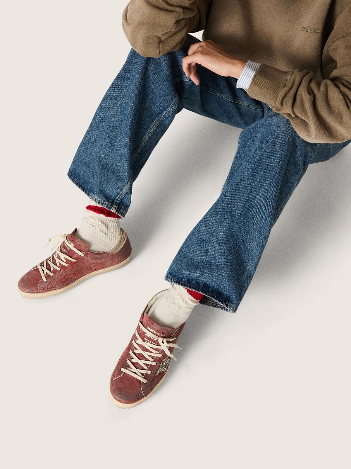 Women's Super-Star LTD in red suede with silver glitter star and laminated leather heel tab