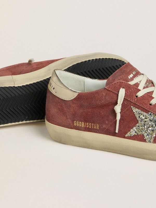 Golden Goose - Women's Super-Star LTD in red suede with silver glitter star and laminated leather heel tab in 