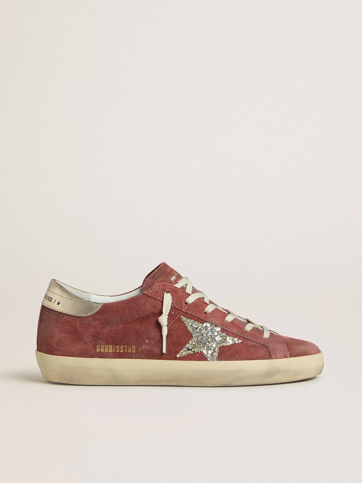 Golden Goose - Women's Super-Star LTD in red suede with silver glitter star and laminated leather heel tab in 