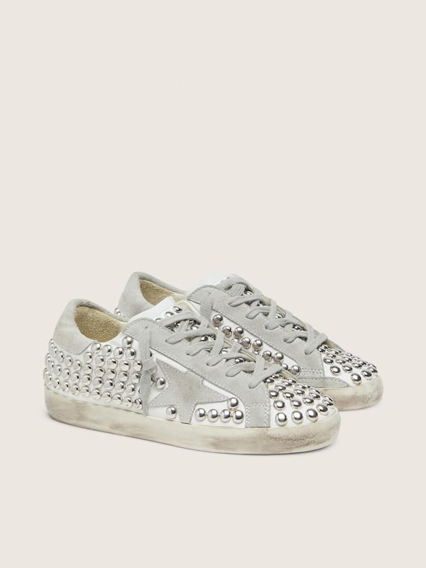 Golden Goose - Women's Super-Star in white leather with light gray star and metal studs in 