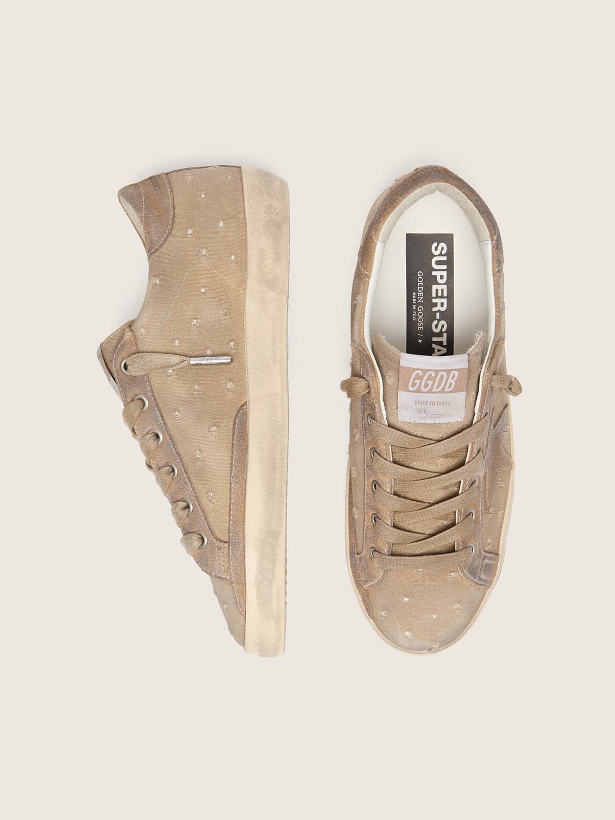 Golden Goose - Super-Star feminino de lona cor tabaco com estrela de suede e inser&ccedil;&otilde;es de cristais in 