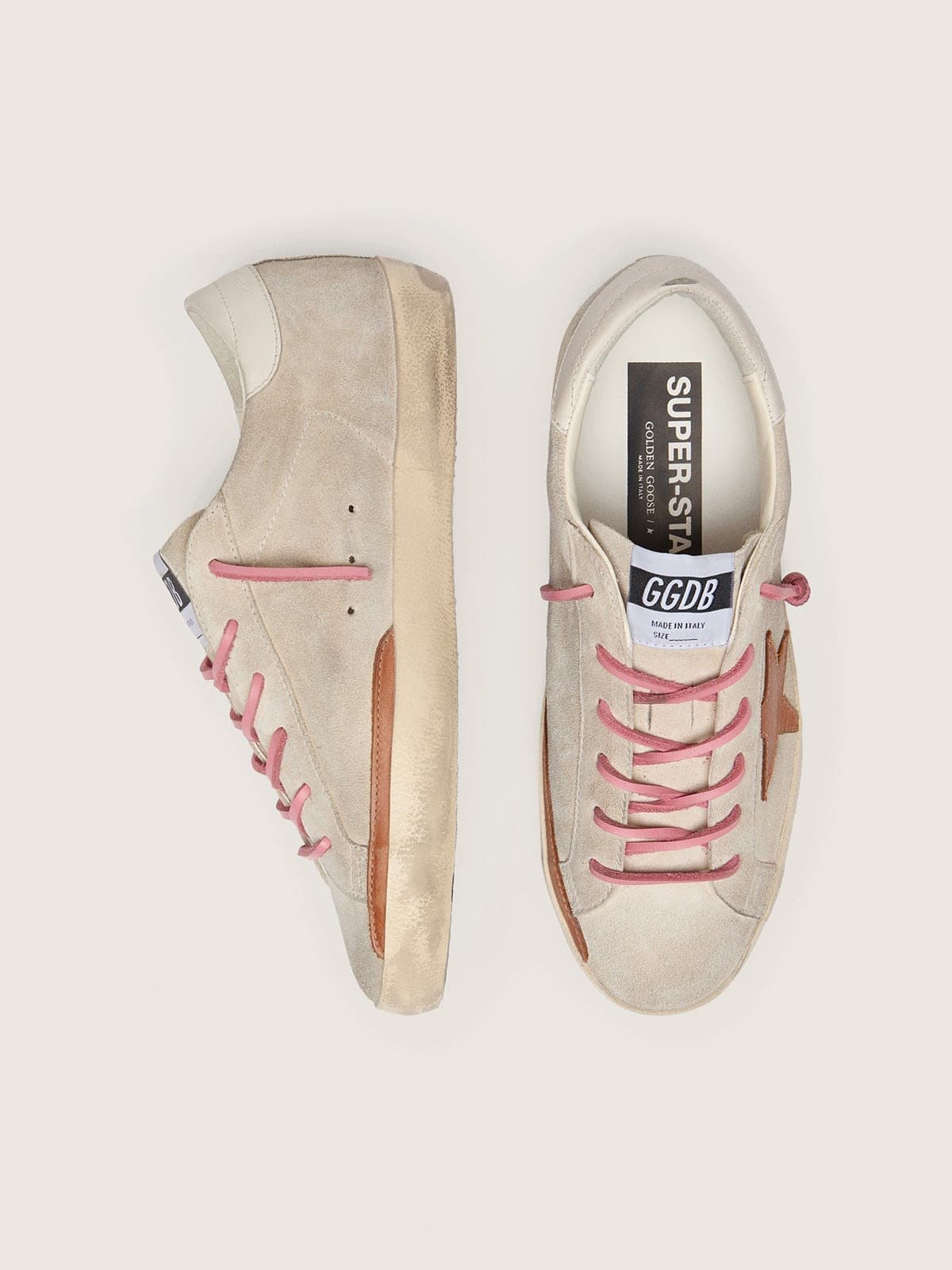 Golden Goose - Super-Star LTD donna in suede color perla con stella color mattone e ricamo in 