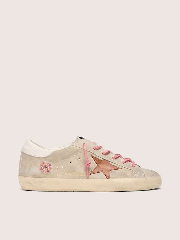 Golden Goose - Women&rsquo;s Super-Star LTD in pearl suede with brick-red star and embroidery in 